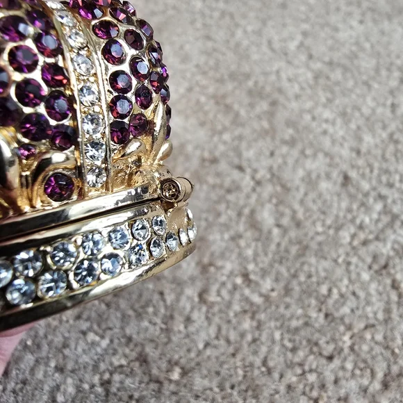 Rhinestone Crown Trinket Box Purple Crystal Gold Tone Jewelry Holder Royal - Picture 4 of 14